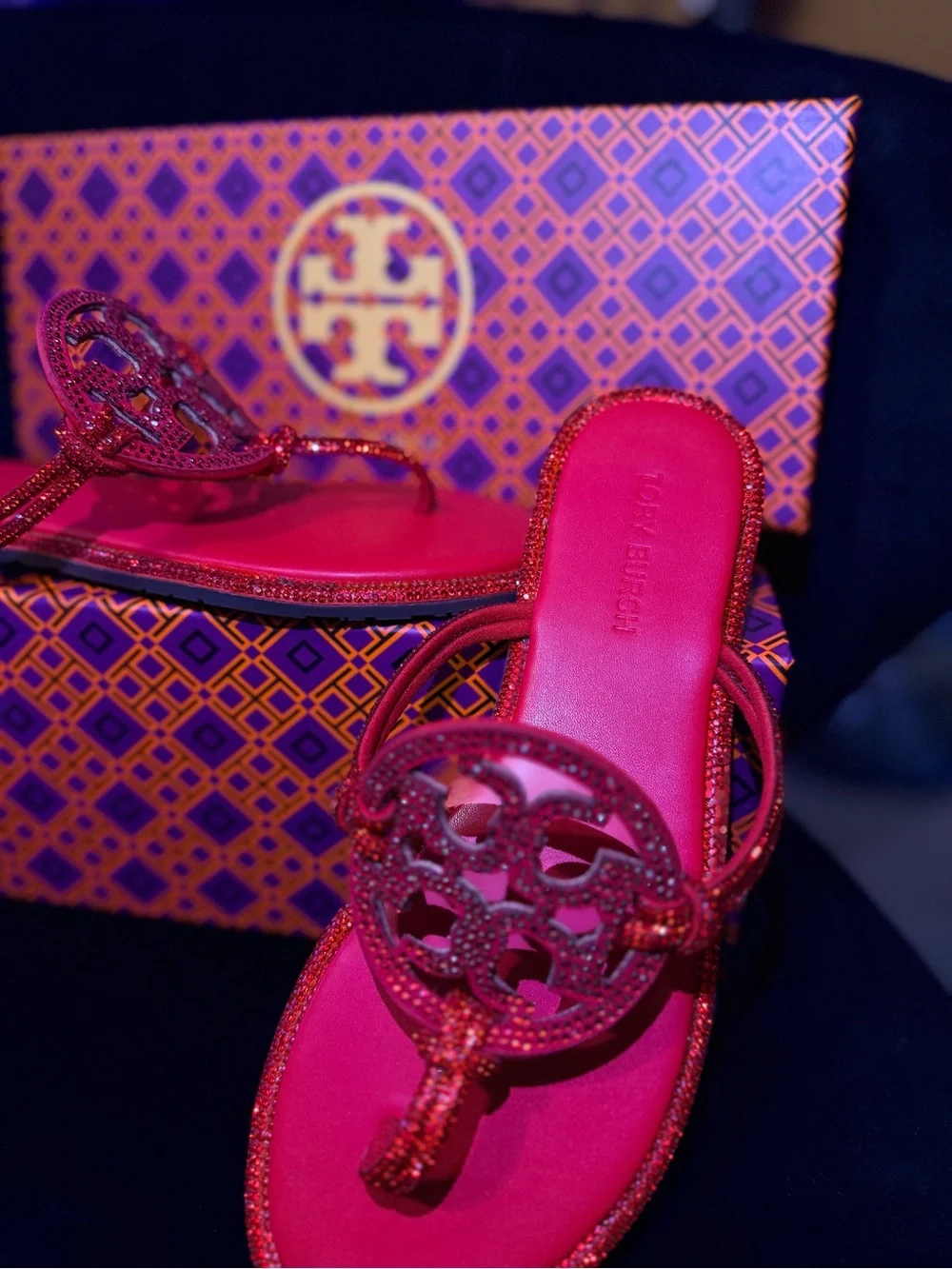 Tory Burch Red Crystal Logo Thong Sandals